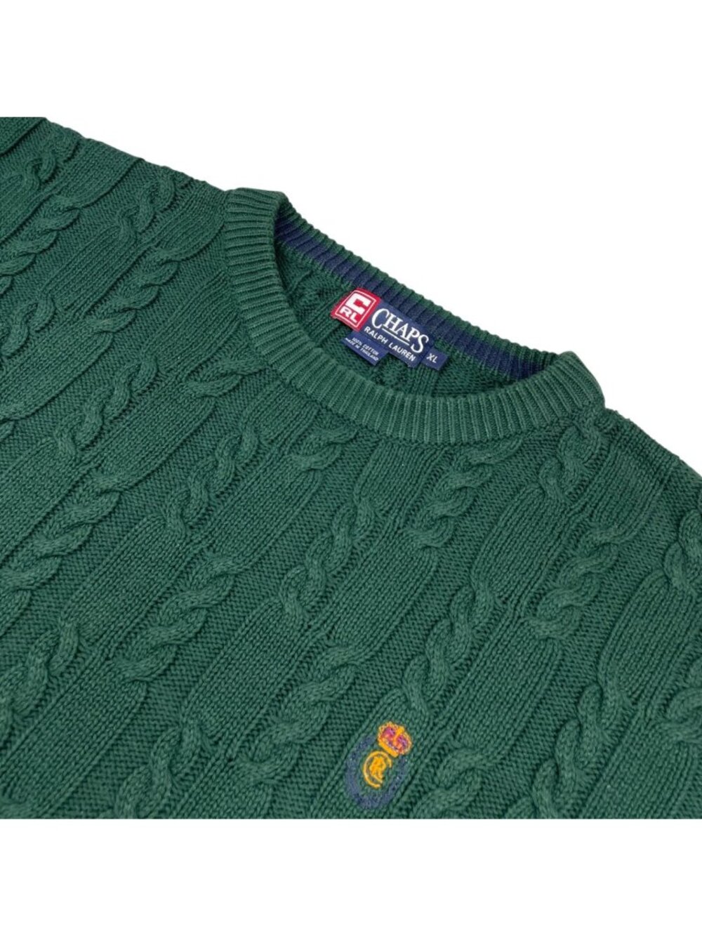 VTG Ralph Lauren Chaps Men's 100% Cotton Fisherman Cable-Knit Sweater Green • XL